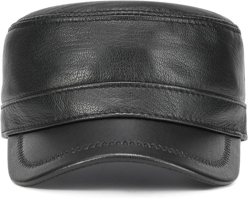 VOBOOM Leather Cadet Army Cap Adjustable Flat Top Military Style Hat for Men - Image 2